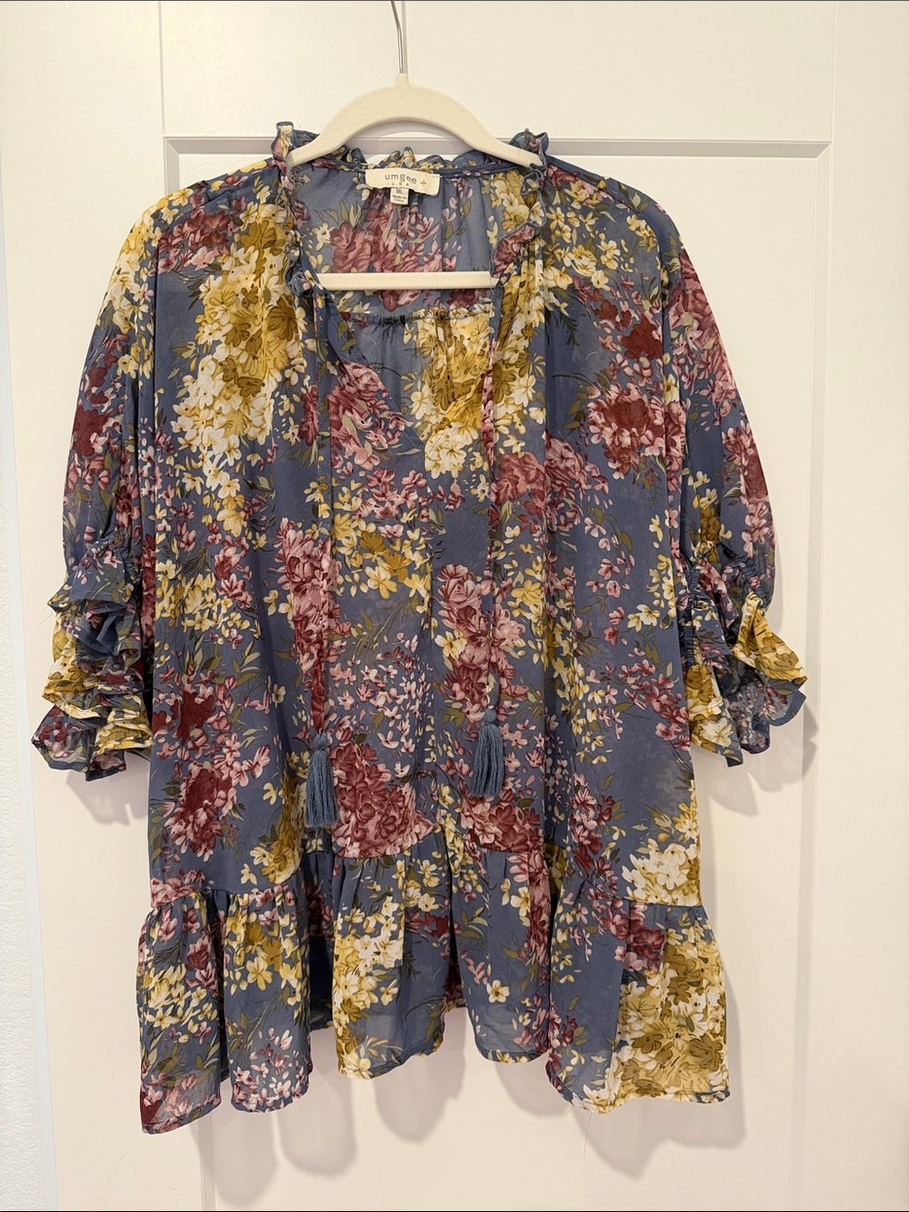 Umgee Blue Floral Tie-Neck Ruffled Tunic